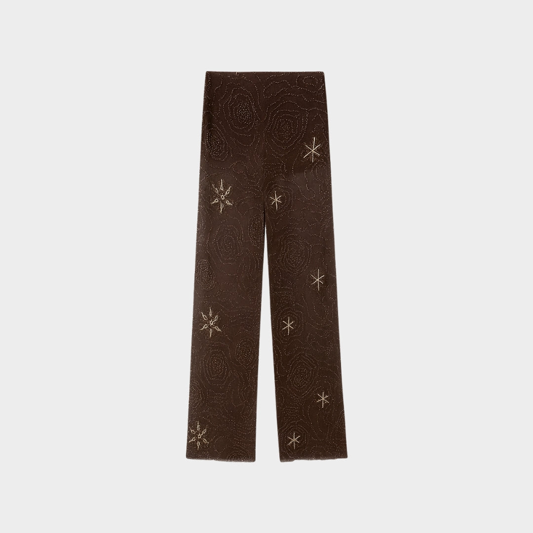 Bruna vida palazzobyxor med pärlbroderi paljetter och låg midja