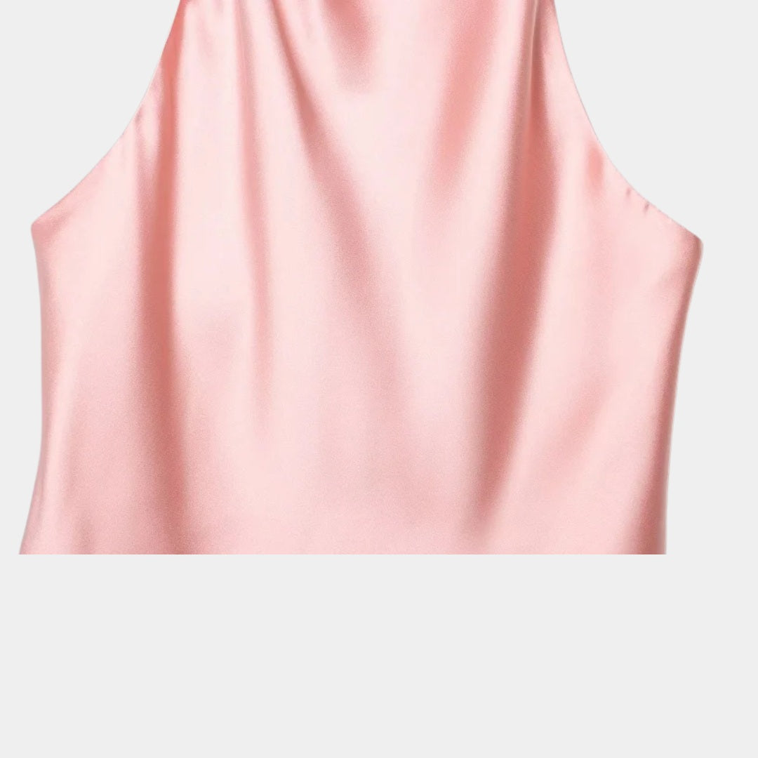 Satinlinne med halterneck och bar rygg i somrig design