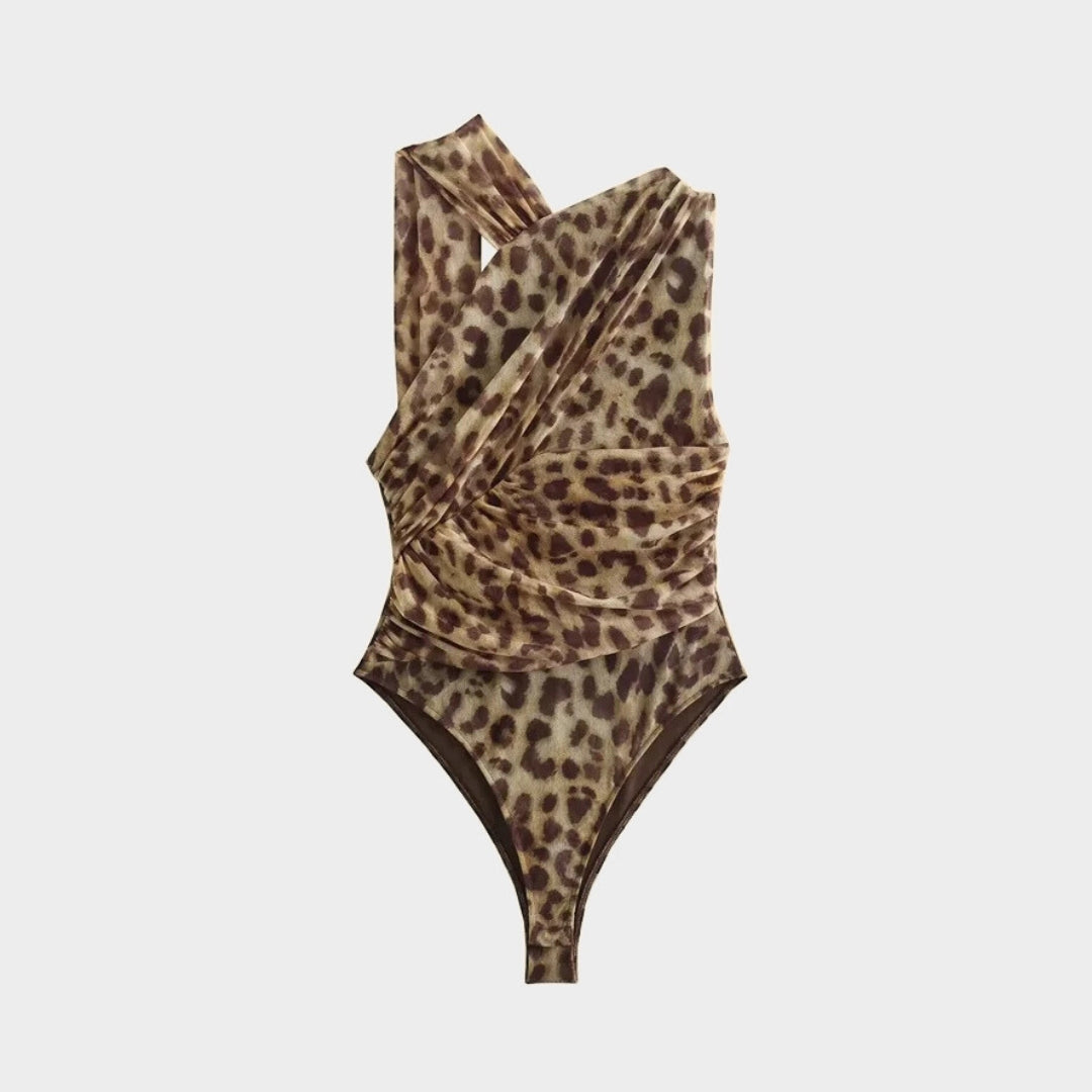 Printad body med rynkad front meshtyg smal passform och draperad design