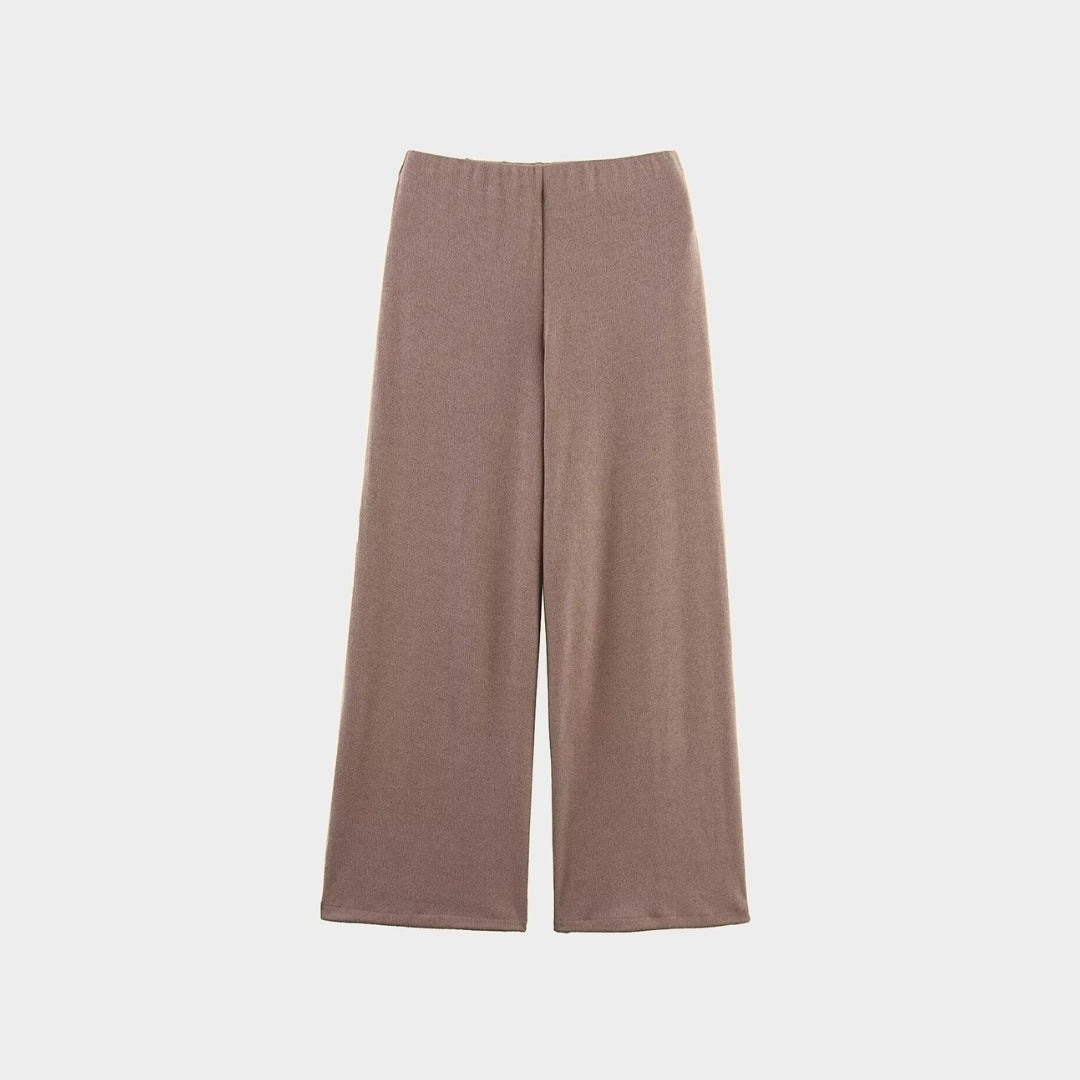 Brun Tvådelat set med omlottopp och vida byxor i stretchigt trikåmaterial