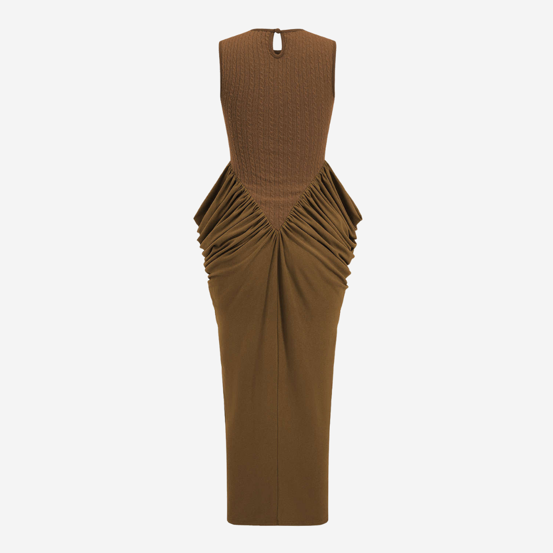 Midiklänning med stickad överdel och draperad kjol i stretchtyg med ärmlös skärning