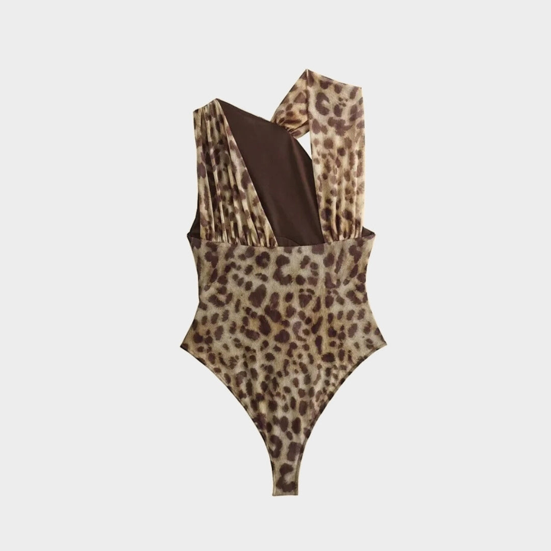 Printad body med rynkad front meshtyg smal passform och draperad design