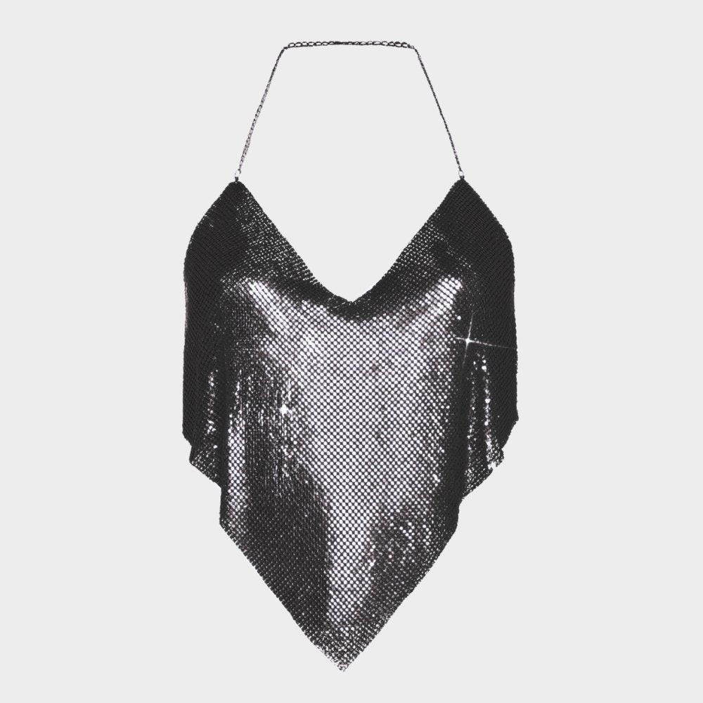 Paljettlinne med kedjeband och öppen rygg i clubstil