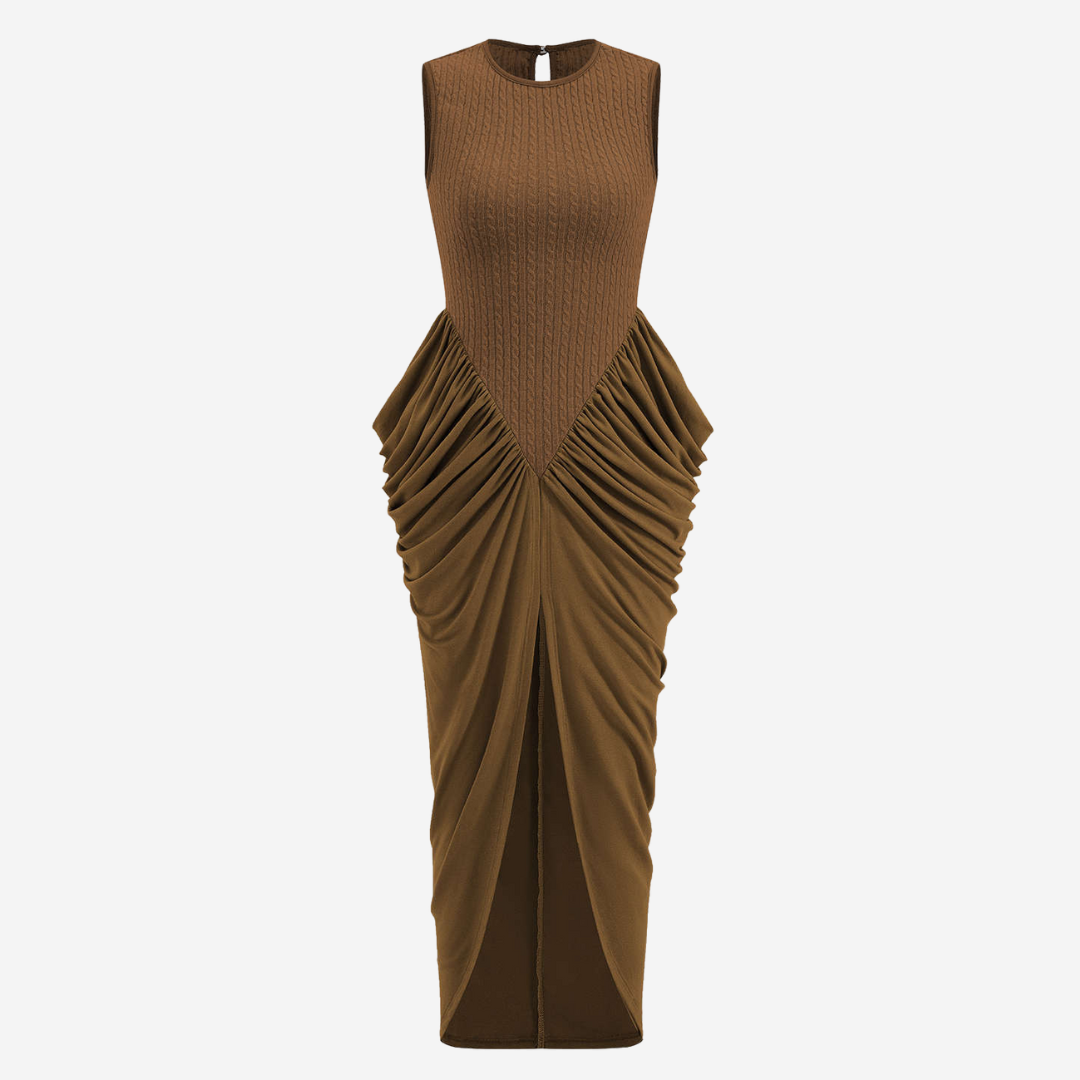 Midiklänning med stickad överdel och draperad kjol i stretchtyg med ärmlös skärning