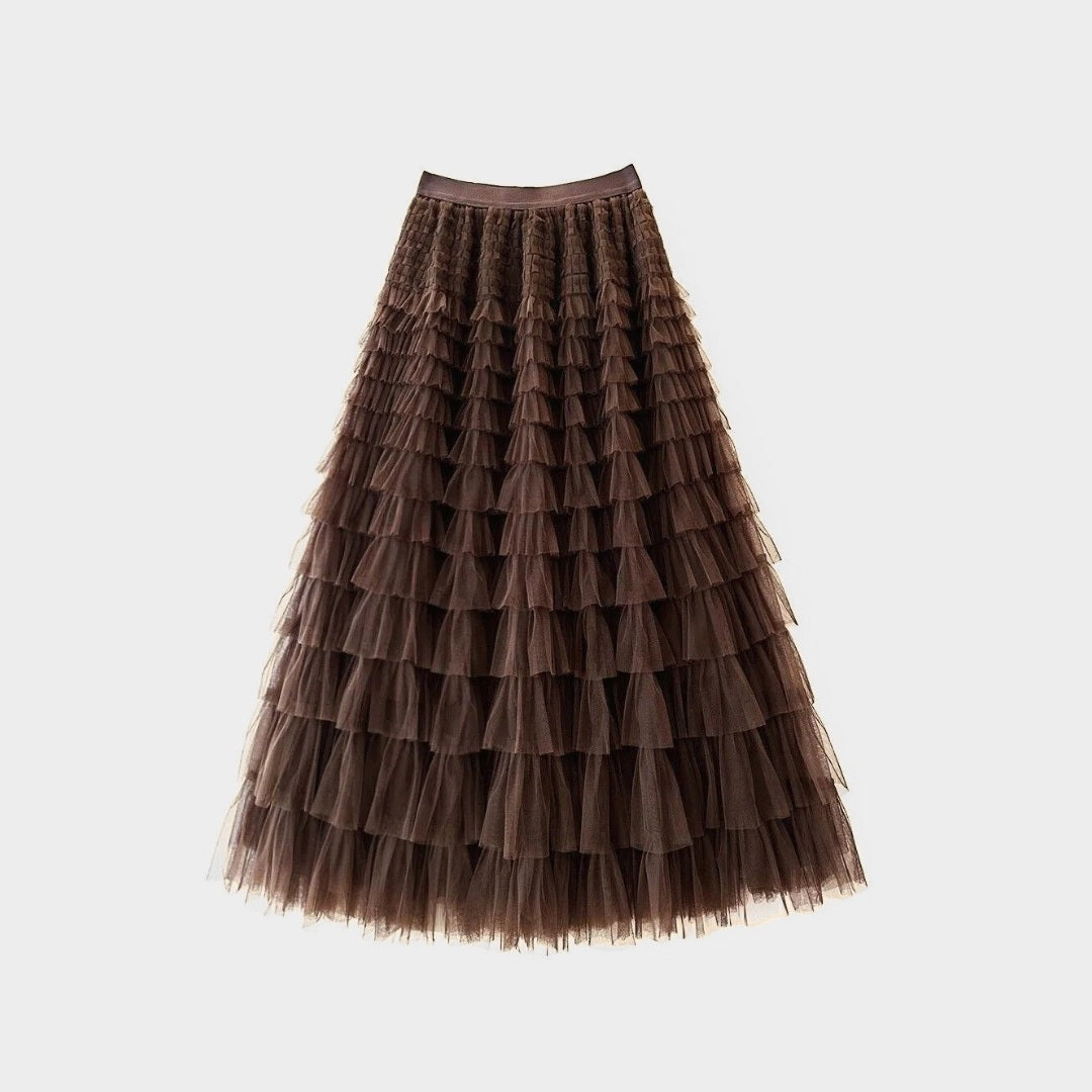 Kjol i mesh med plisserade lager naturlig midja och avslappnad passform