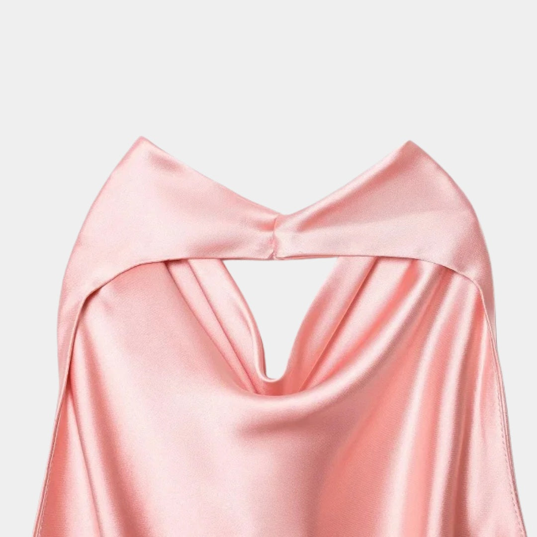 Satinlinne med halterneck och bar rygg i somrig design