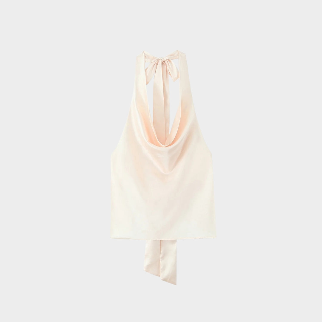 Satintopp med halterneck, knytband och öppen rygg i sommarstil