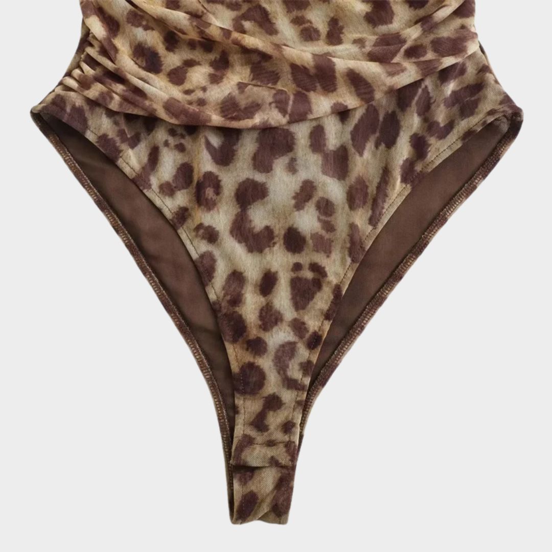 Printad body med rynkad front meshtyg smal passform och draperad design