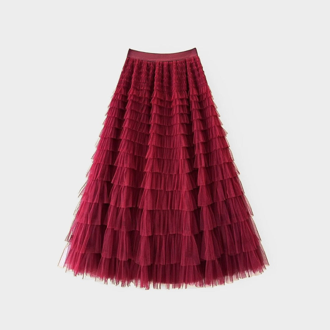 Kjol i mesh med plisserade lager naturlig midja och avslappnad passform