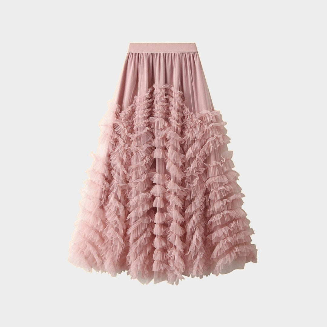 Kjol i mesh med volanger empiremidja A-linje silhuett och lagerstruktur