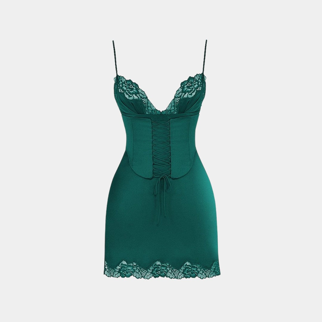 Satinklänning i minilängd med spetskant, snörkorsett och justerbara axelband