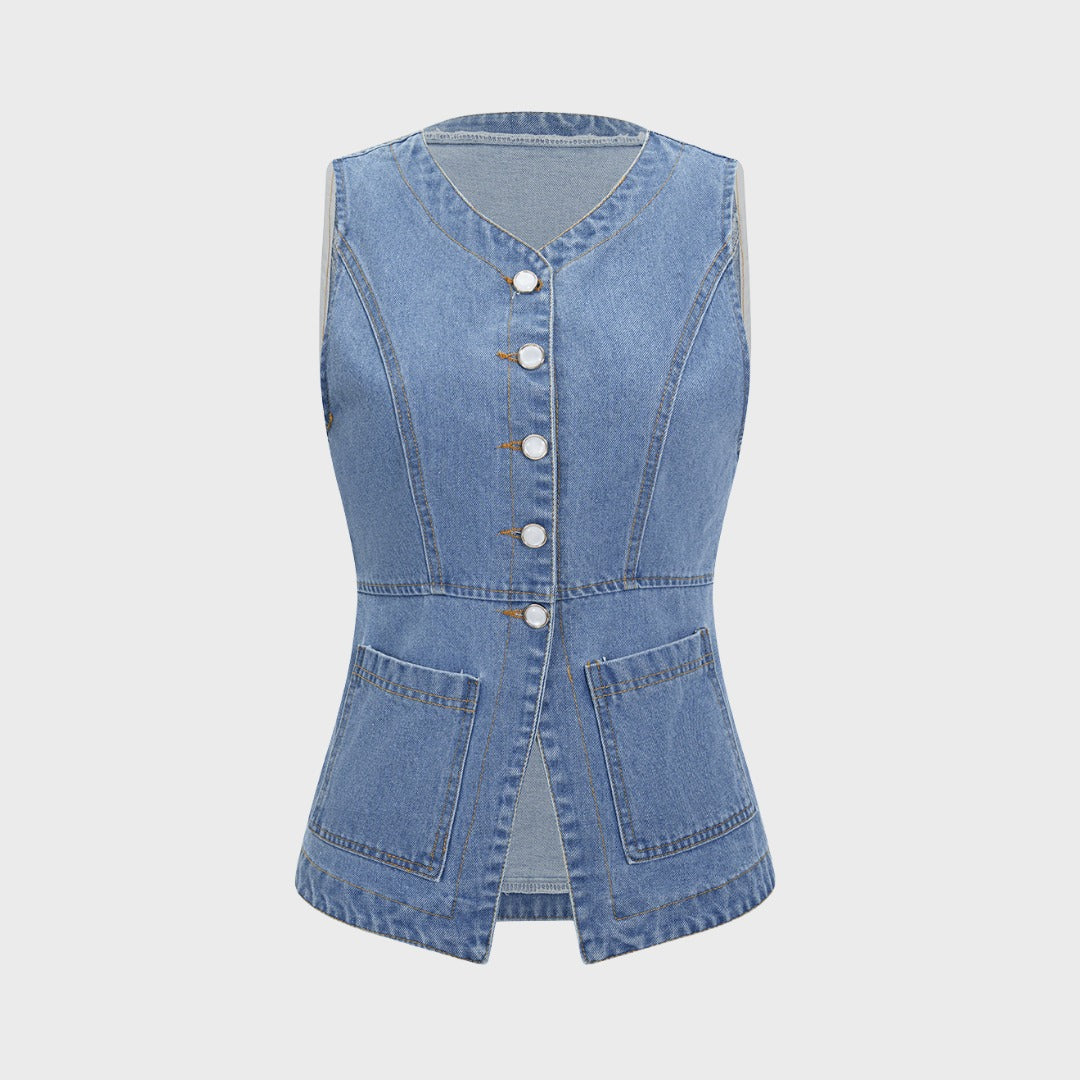 Figursydd denimväst med framfickor och knappstängning