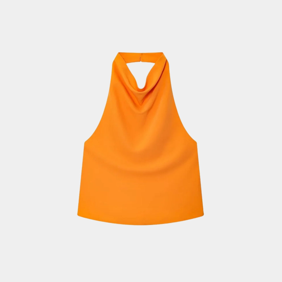 Satinlinne med halterneck och bar rygg i somrig design