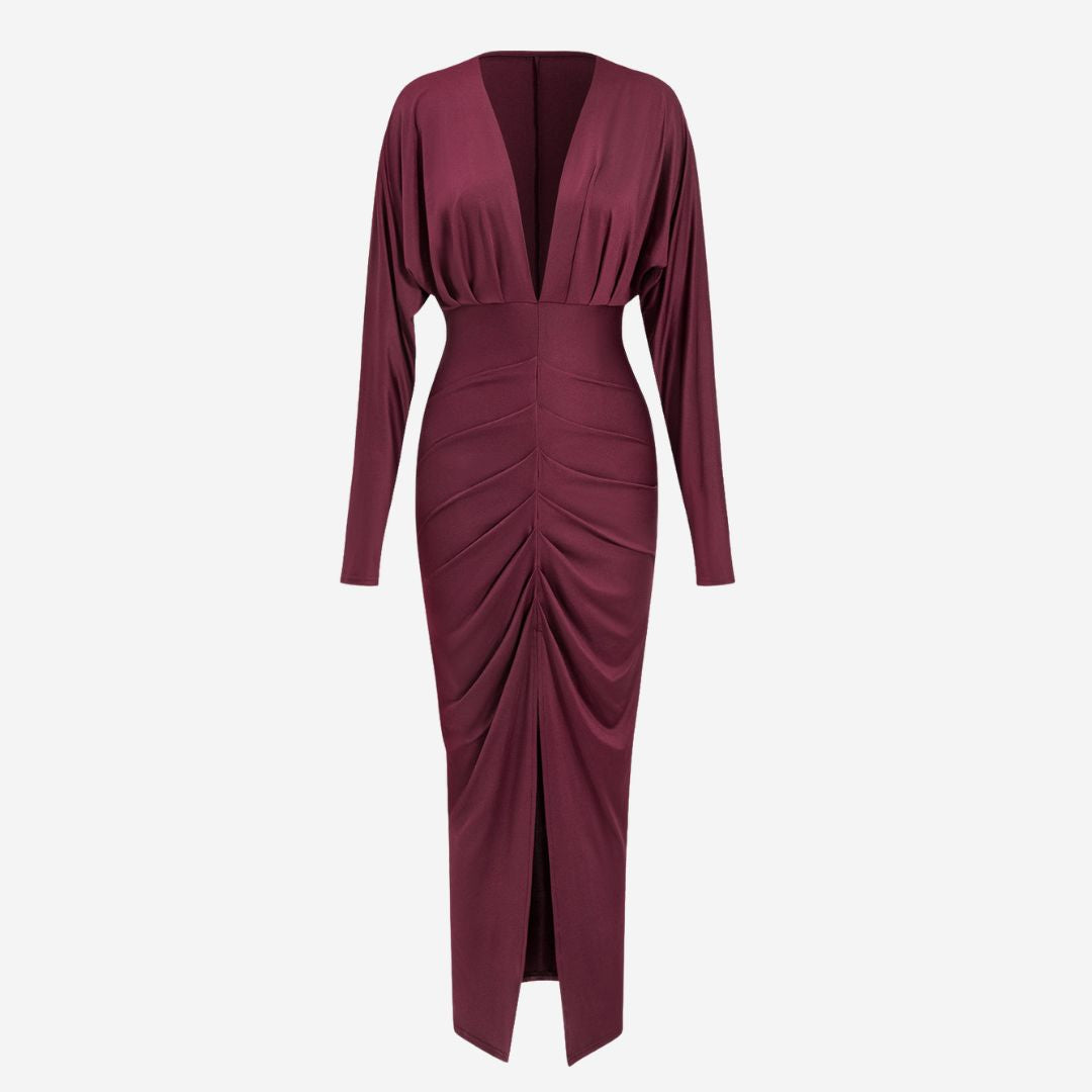 Lång vinröd klänning i stretchjersey med draperad midja djup urringning och lång ärm
