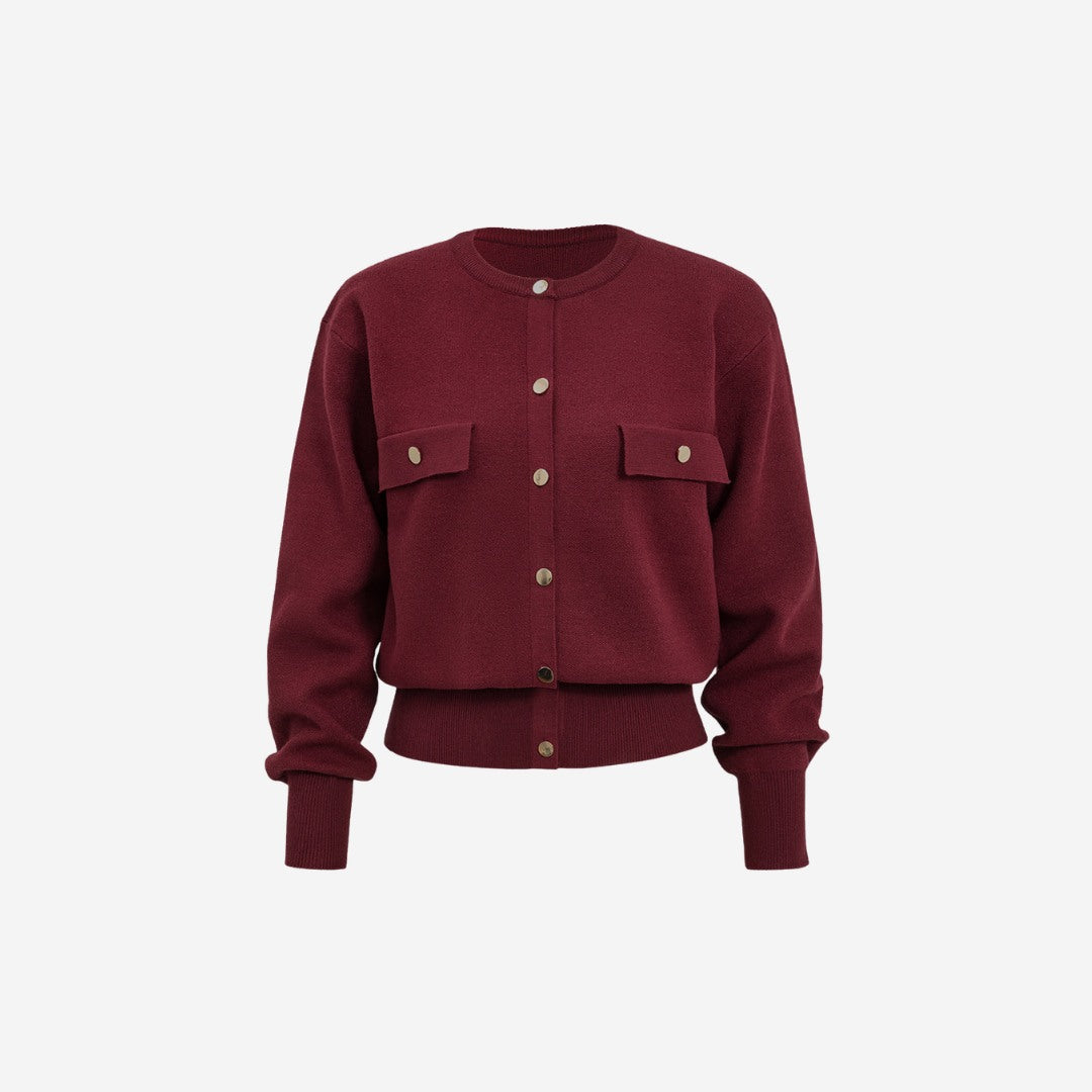 Vinröd stickad kofta med knappslå och ficklock