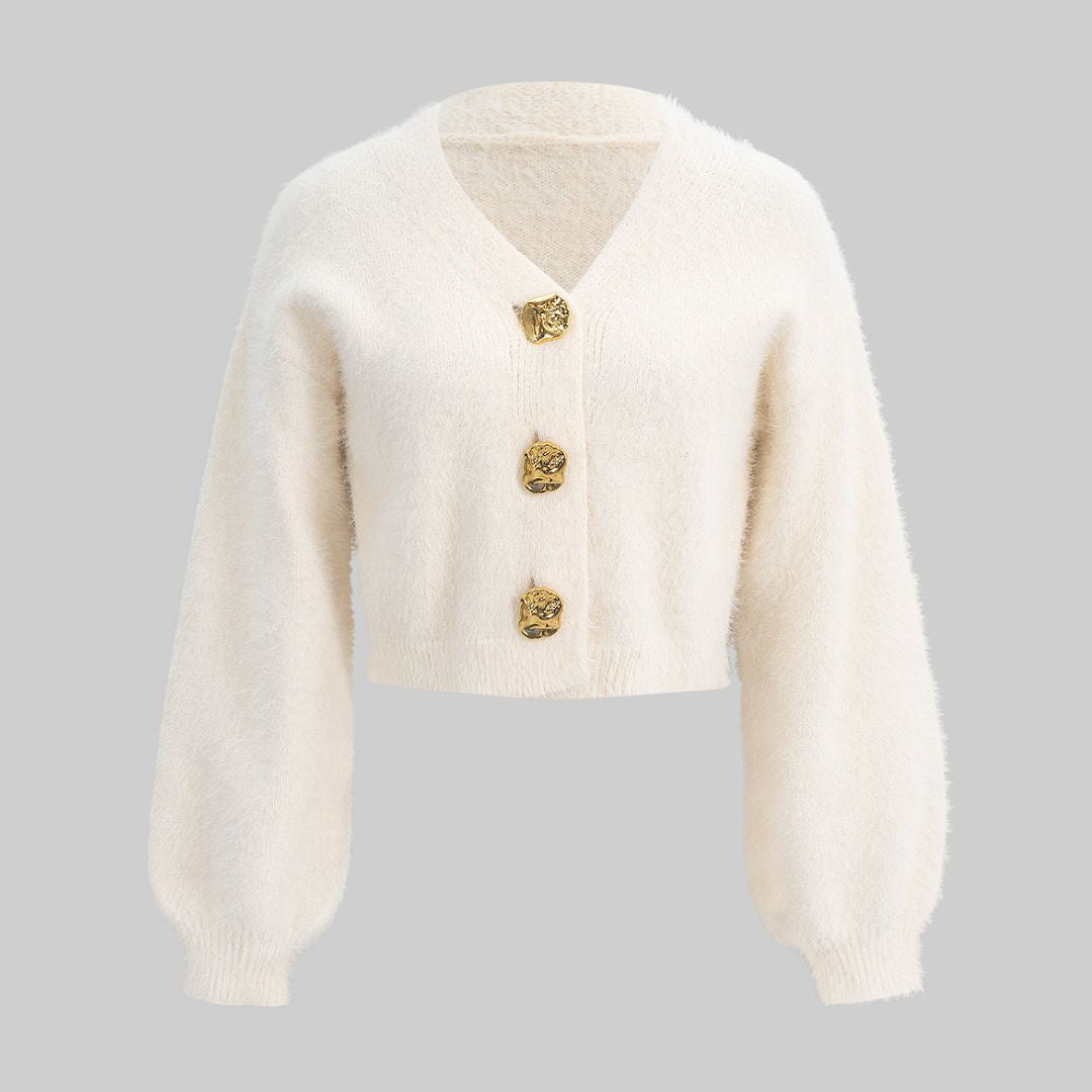 Vit Kort luddig kofta med markerade knappar och avslappnad passform