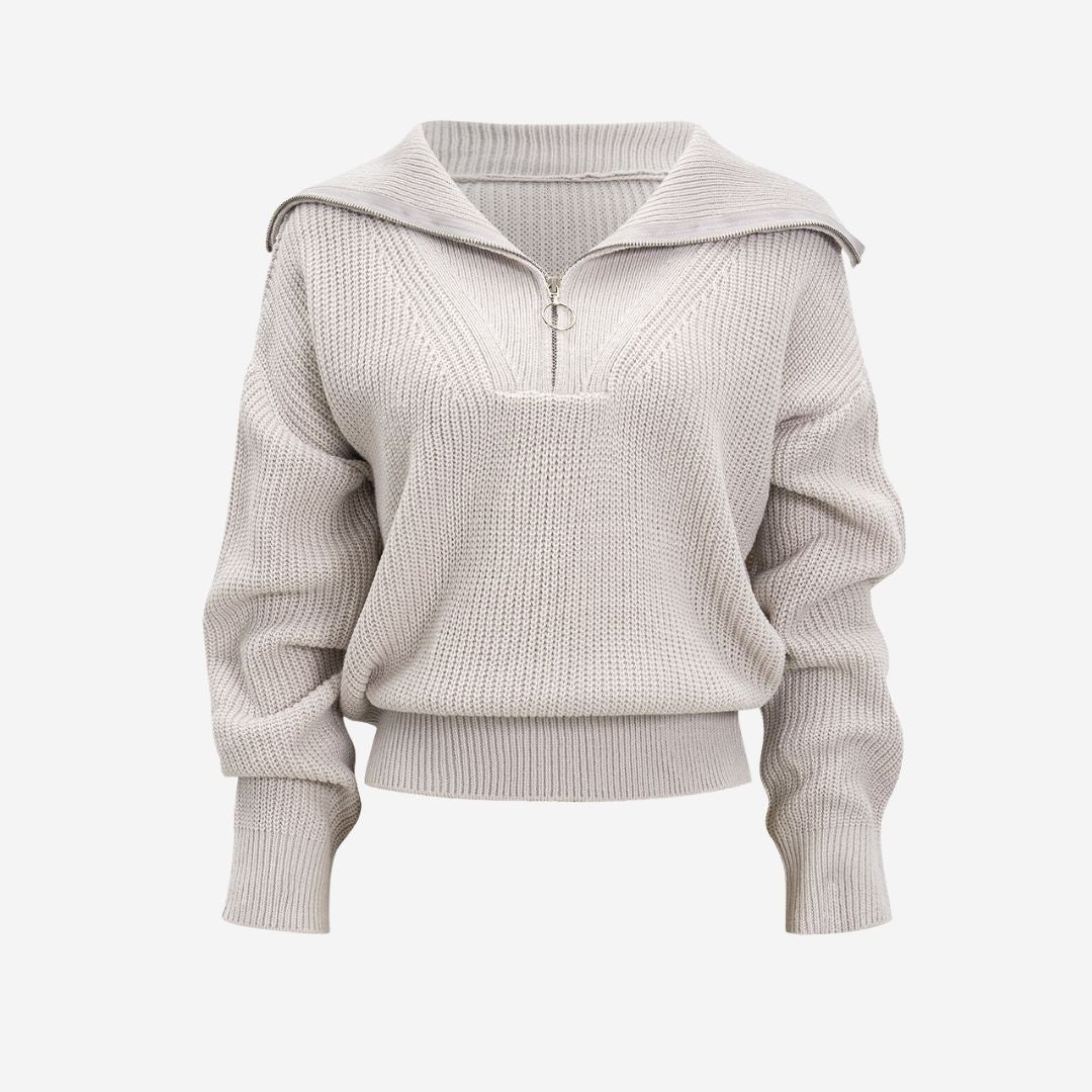 Grå Stickad tröja med dragkedja och krage för avslappnad vardagsstil med sportig känsla