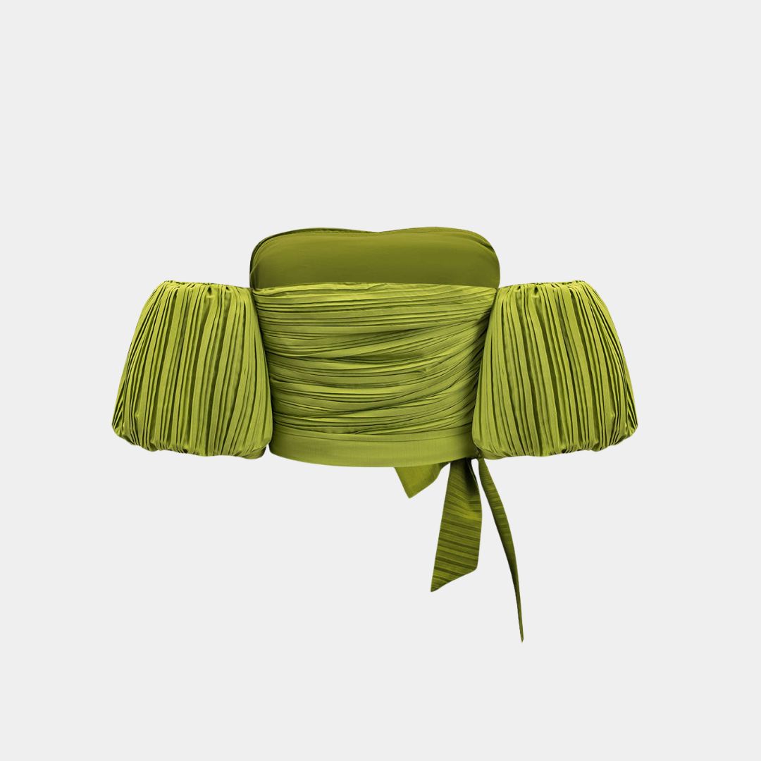 Plisserad axelbandslös topp med voluminösa ärmar och knytband i midjan