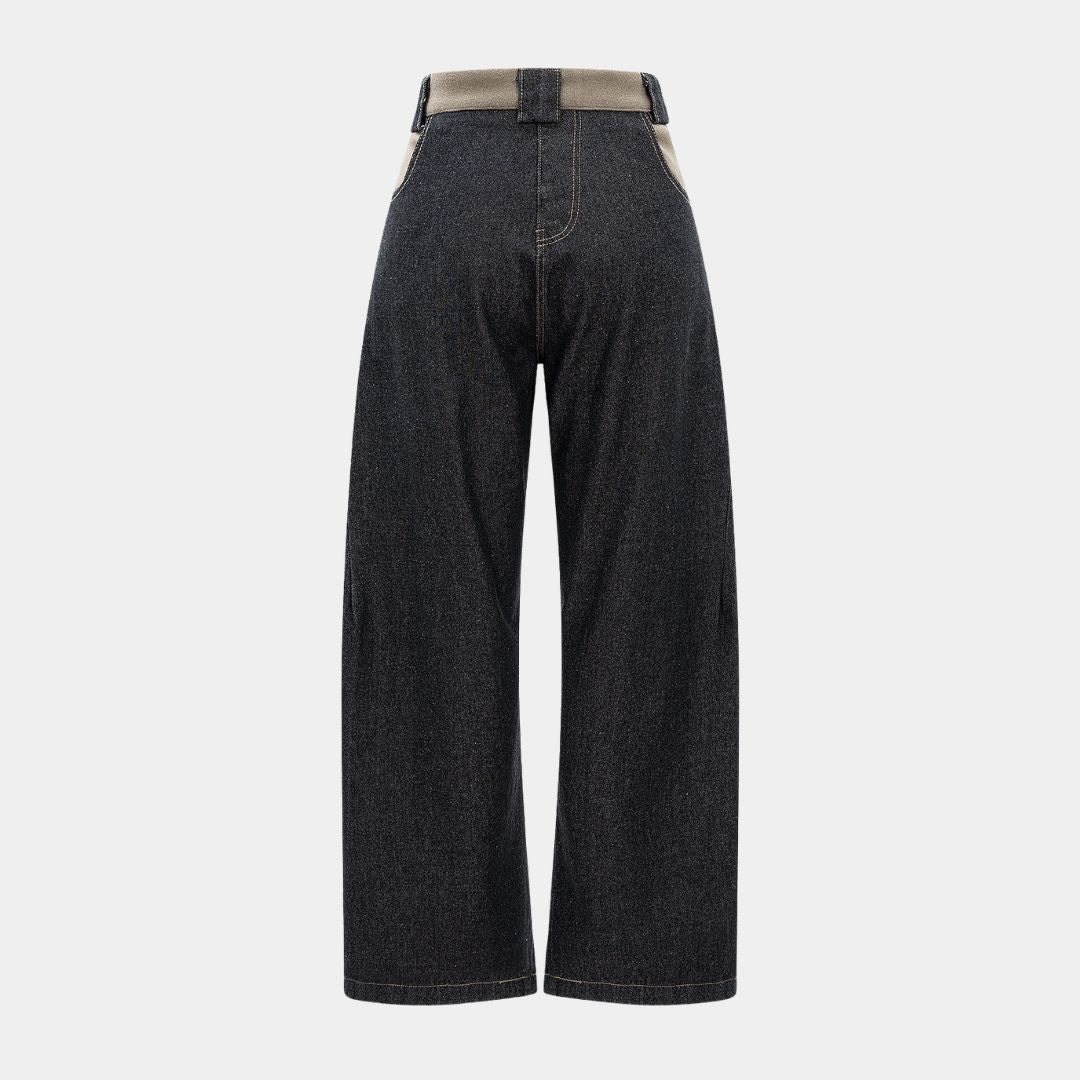 Svarta raka jeans med kontrasterande ylleinsats i midjan och grov diagonalväv i kraftig bomullsdenim