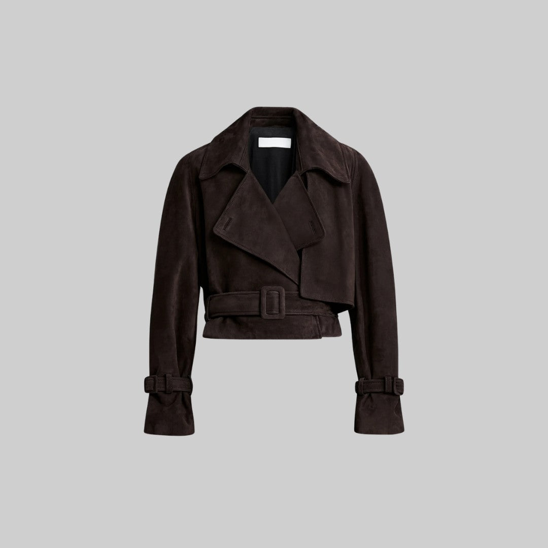 Kort Morkbrün Mockajacka med Krage och Spänndetaljer