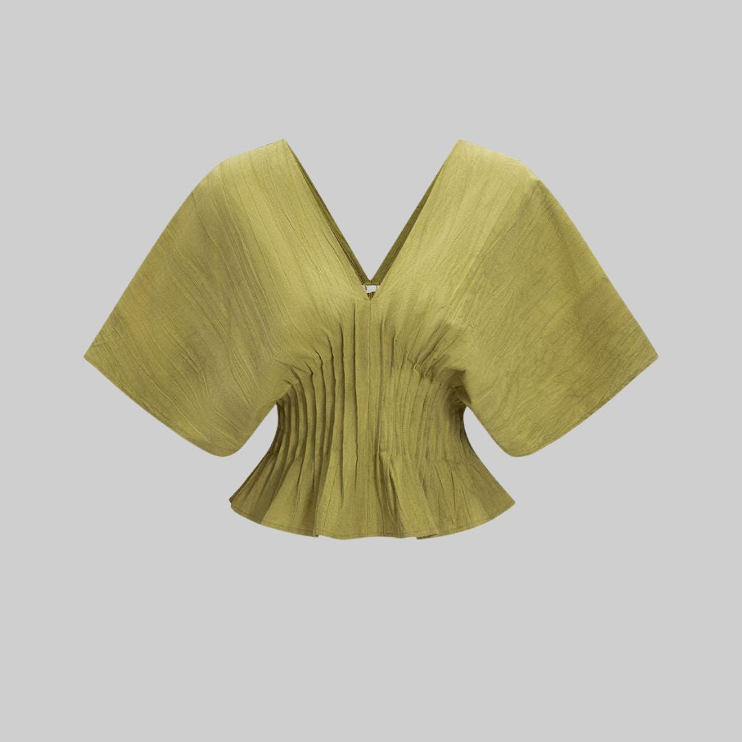 Olivgrön Kort topp i linne-viskosblandning med veckad midja, v-ringning och vida ärmar