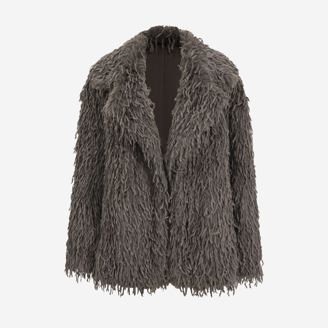 Grå jacka i fuskpäls med långhårig textur och lös passform för dam