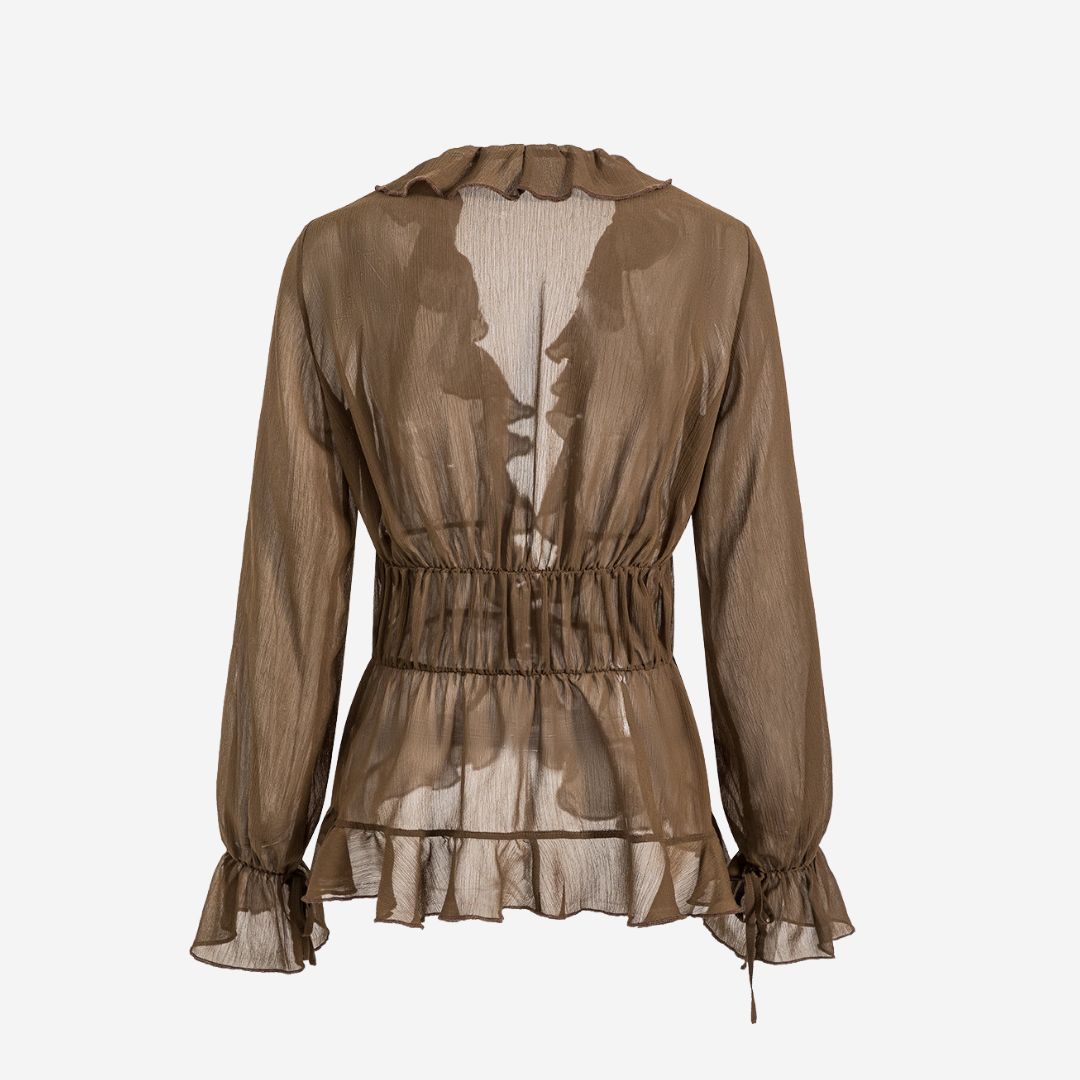 Brun transparant volangblus i lätt strukturerat tyg med markerad midja och knytband