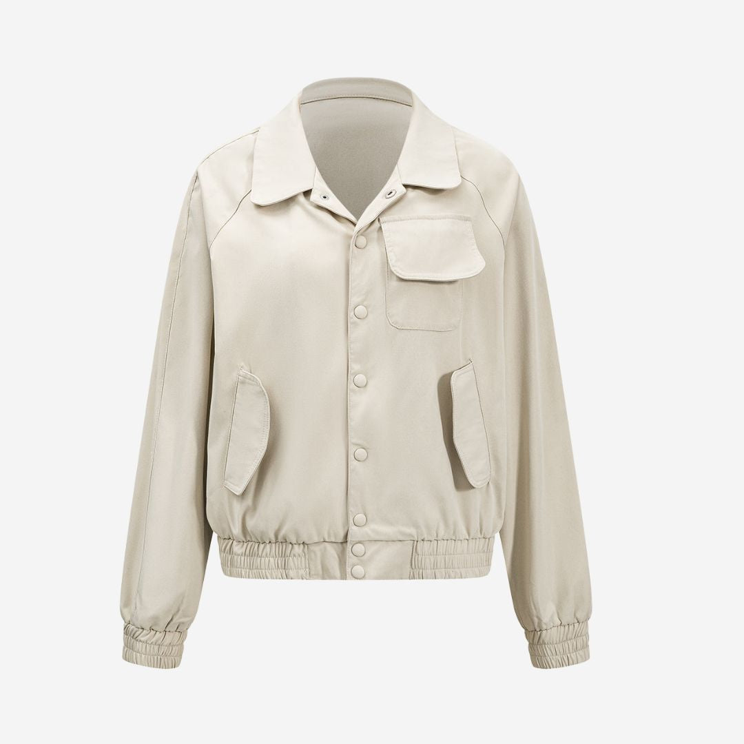 Beige Ljus skjortkrage jacka i rayonmix med tryckknappar och elastiska fållar