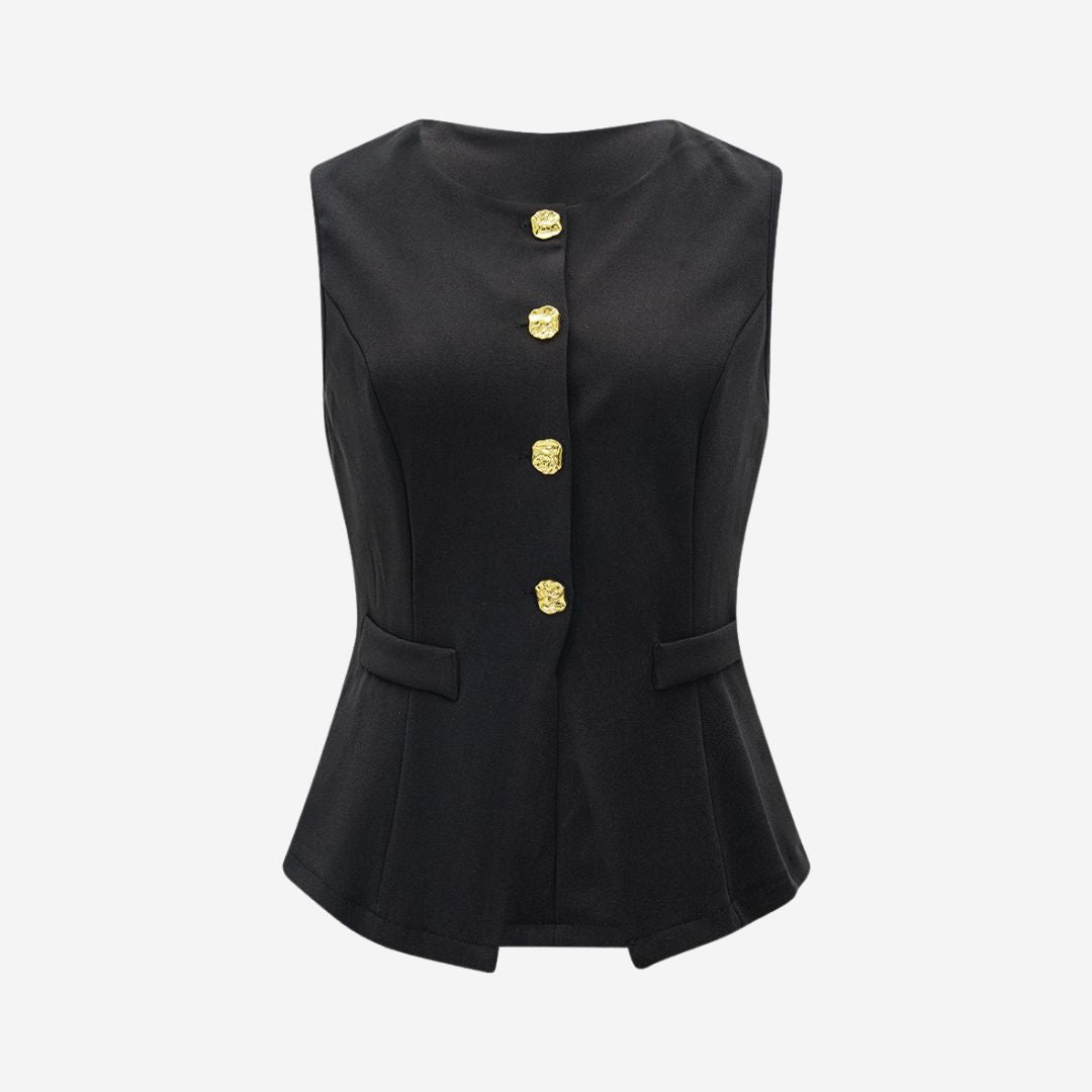 Svart elegant figursydd väst med unika skimrande knappar
