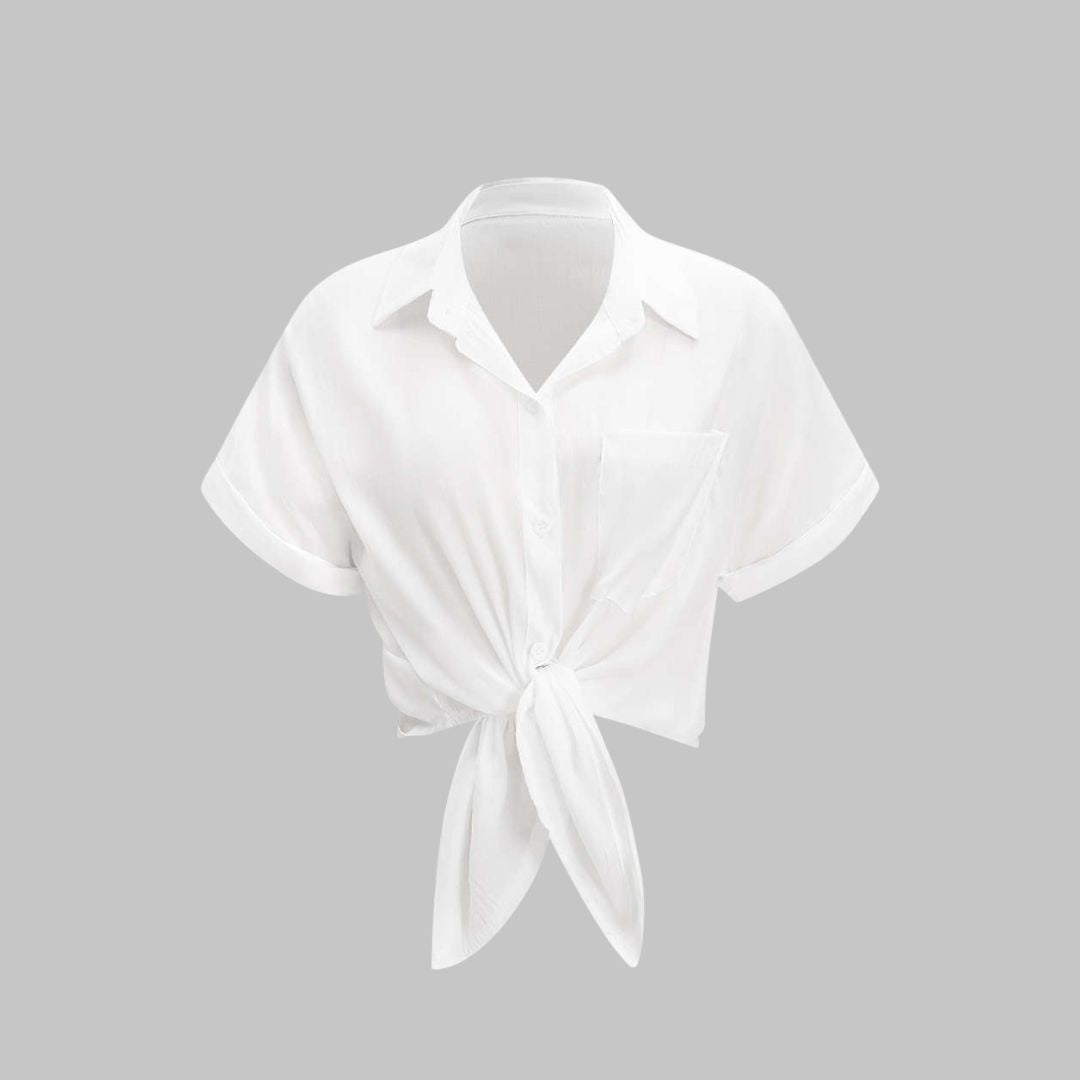 Vit Figurnära lång topp i vävd semitransparent polyester med rund hals och mjukt fall