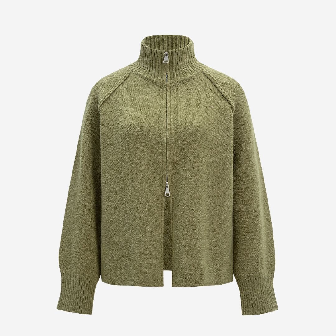 Olivgrön stickad zip-tröja med ståkrage och avslappnad passform