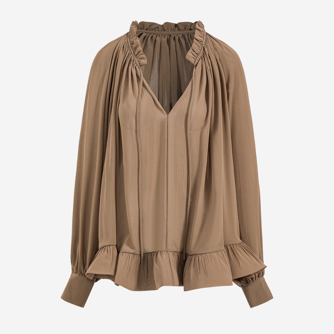 Brun chiffontopp med rynkad krage och volangkant