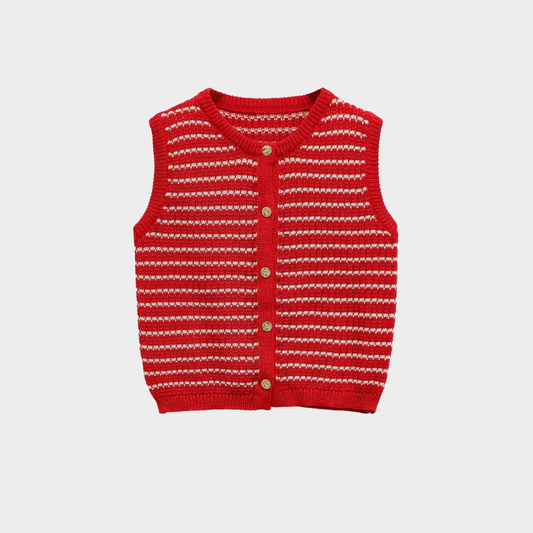 Vintageinspirerad stickad kofta med smala axelband och knappar