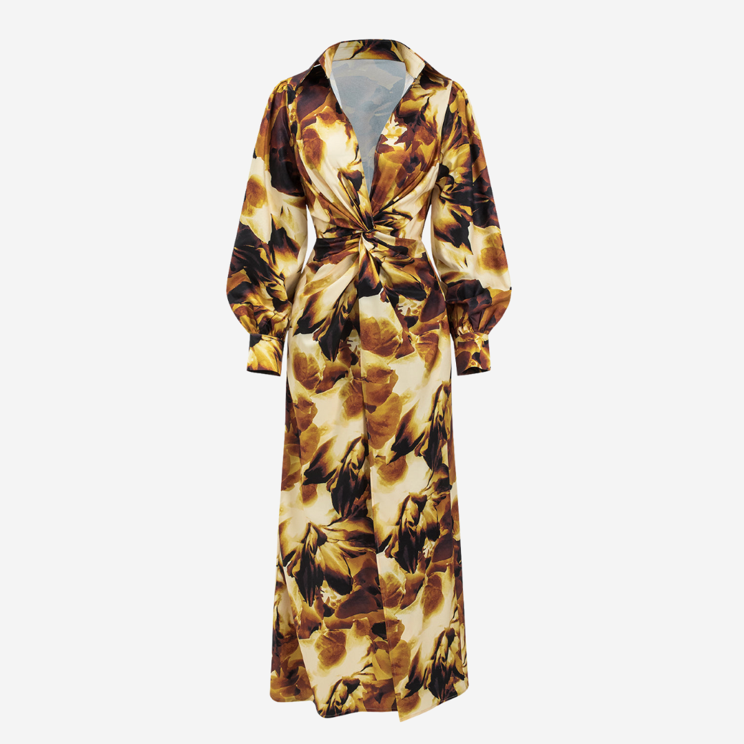 Gul lång skjortklänning med knutdetalj i midjan ballongärmar och konstnärligt tryck