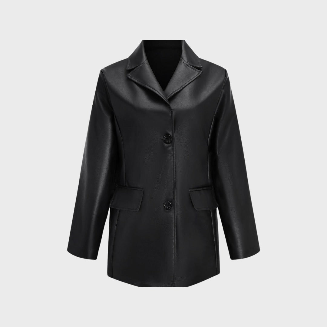 Svart oversize kavaj i imitation läder med knappstängning