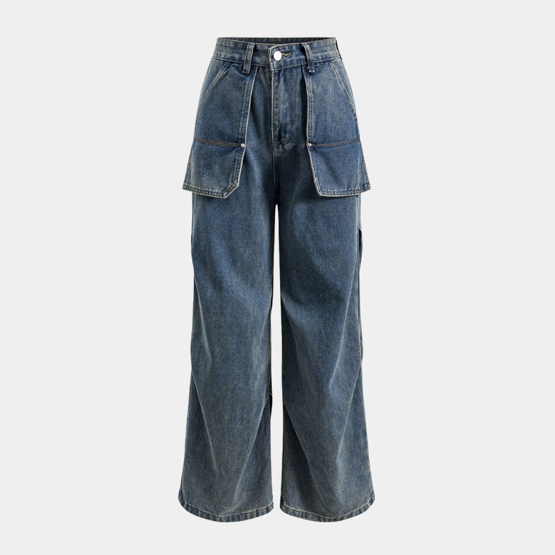 Blå cargojeans i denim med utanpåliggande fickor, lös passform och tvättad yta i bomullsblandning