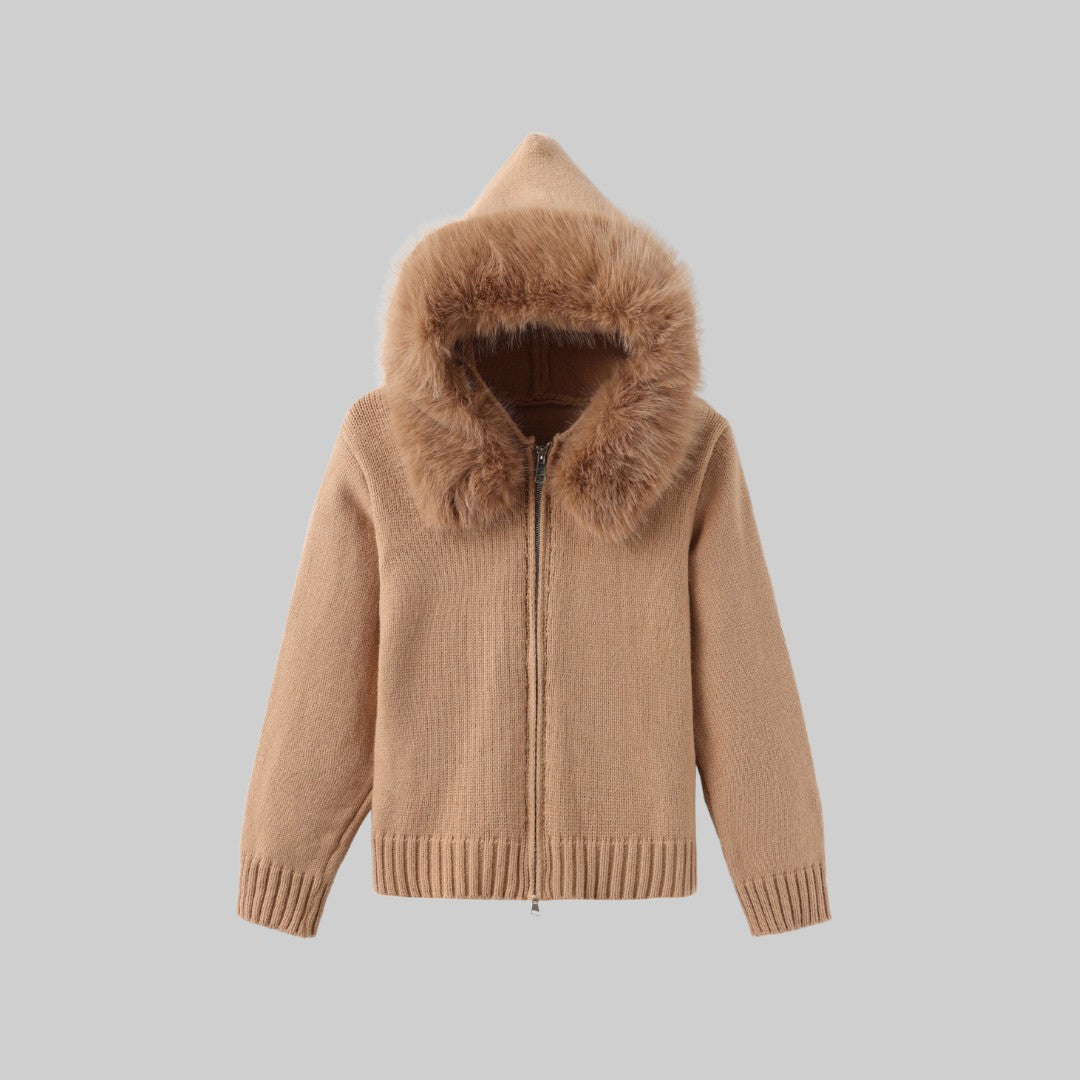 Stickad Jacka med Avtagbar Fuskpälskant och Dragkedja