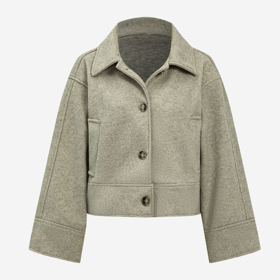 Beige Gråmelerad kort jacka i filtad stickning med markerade sömmar skjortkrage och knappar i lös passform