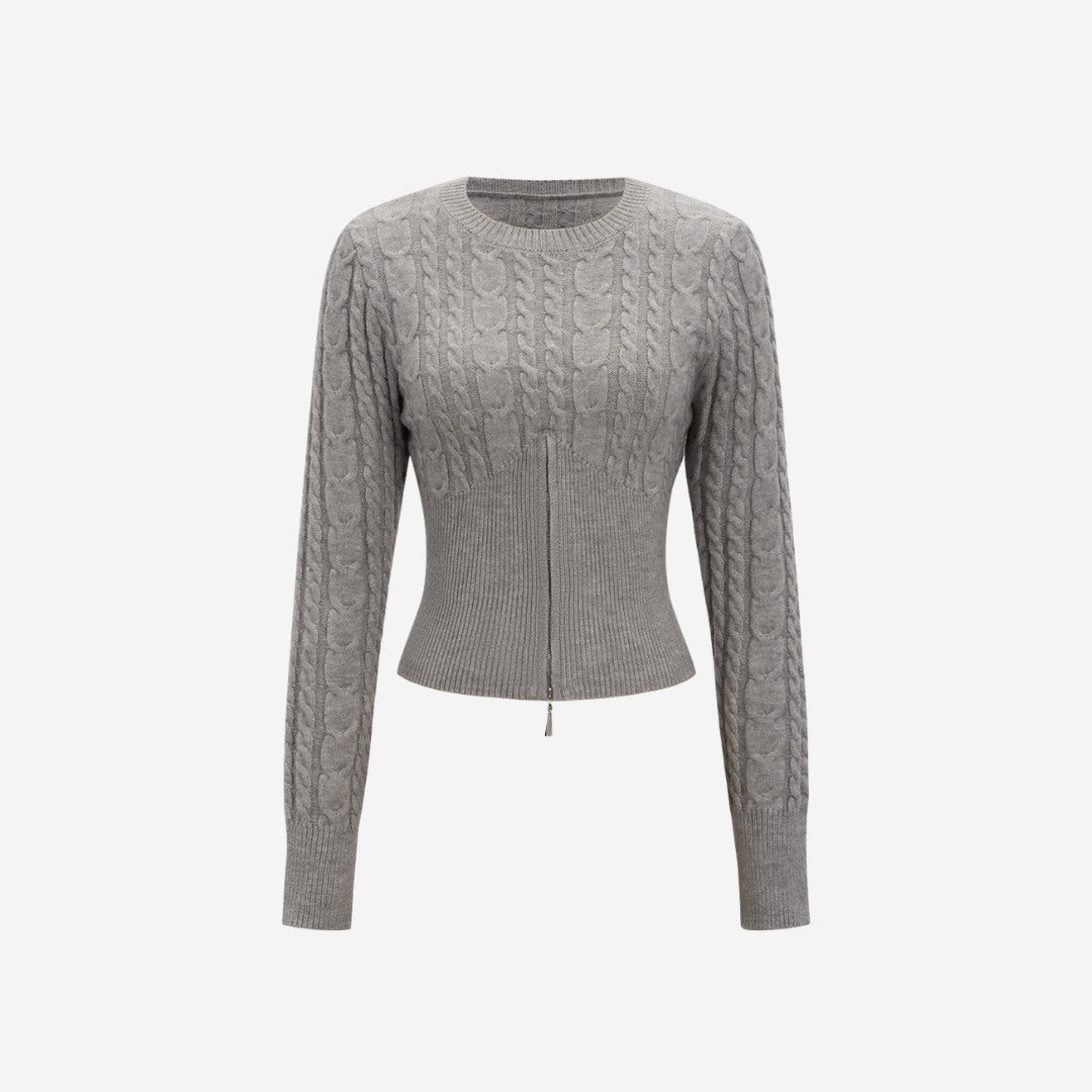Grå kabelstickad tröja i ribbad trikå med tvåvägsdragkedja