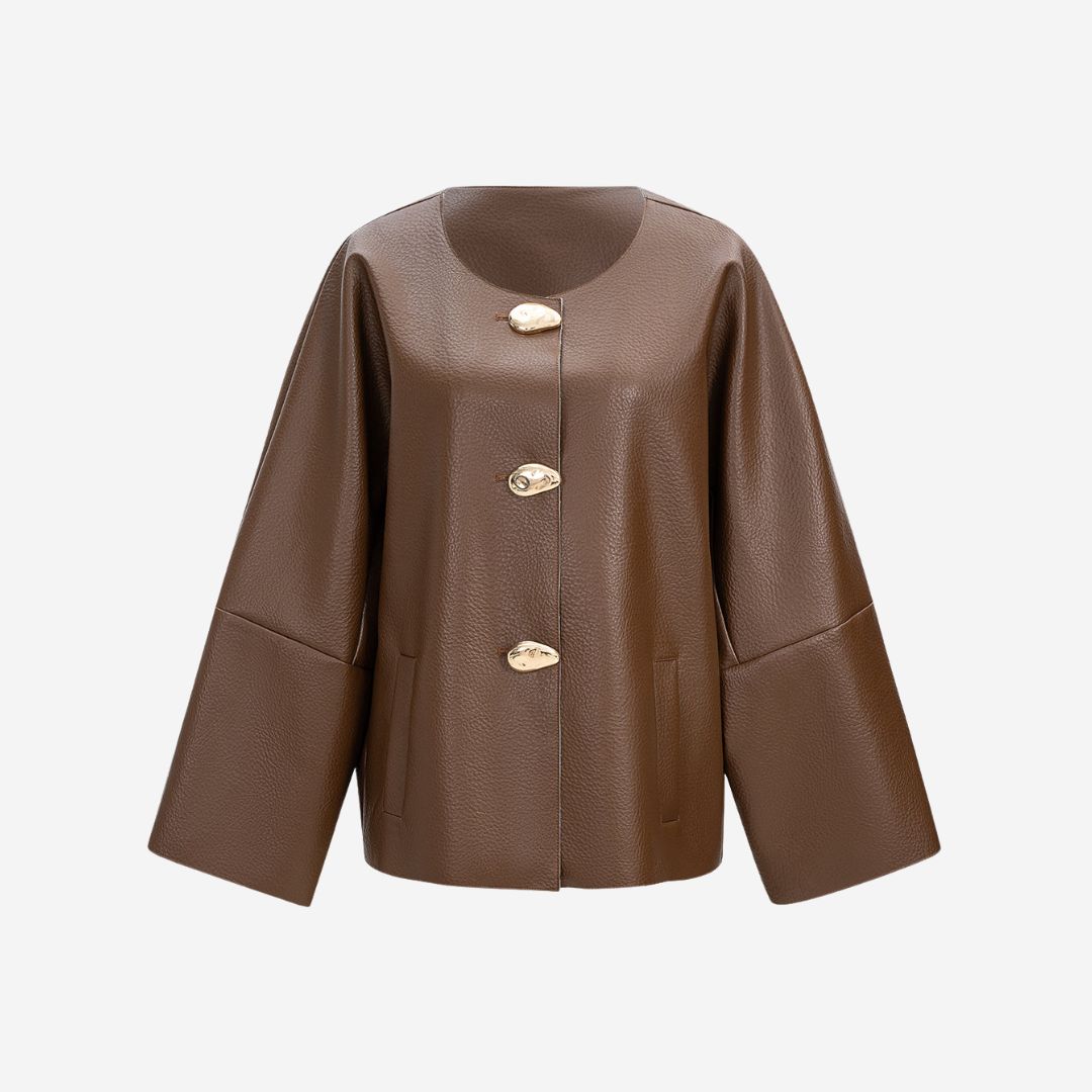 Brun kort kavajstil jacka i präglat veganskt läder med skulpturala ärmar och dekorativa guldfärgade knappar