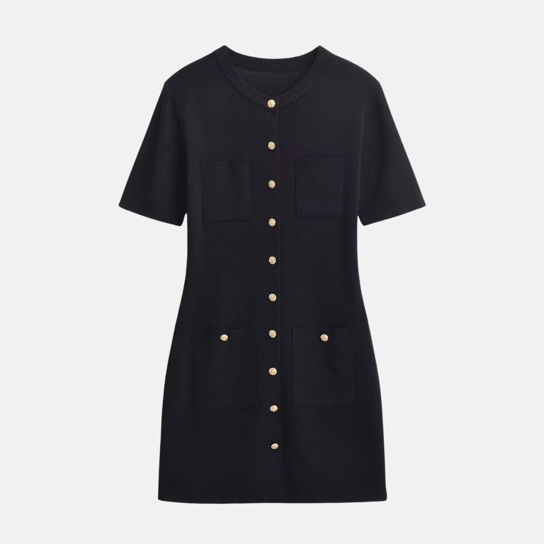 Stickad miniklänning med fickor och metallknappar