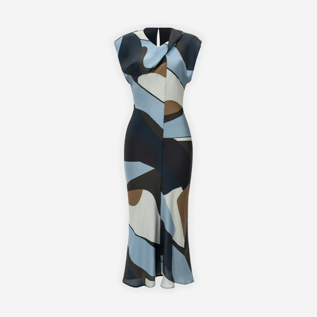 Mönstrad satinklänning med draperad halsringning, figurnära midipassform och utan stretch