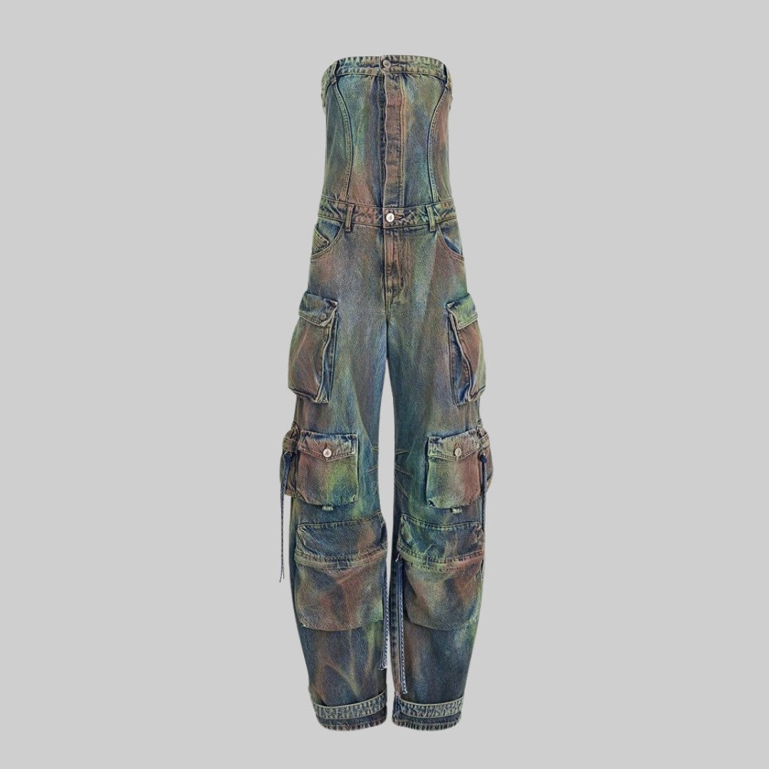 Axelbandslös Cargojumpsuit i Camouflagefärgad Denim