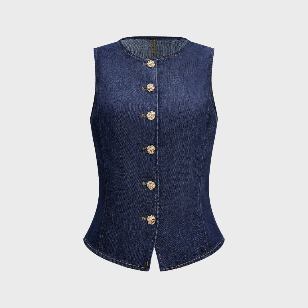 Figursydd denimväst med dekorativa knappar och rund halsringning