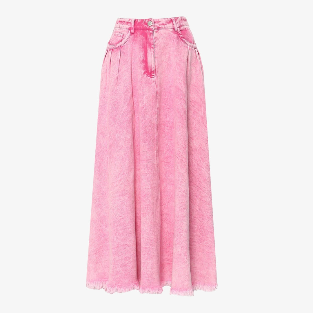 Rosa maxi-jeanskjol med råkant och vid A-linjeform