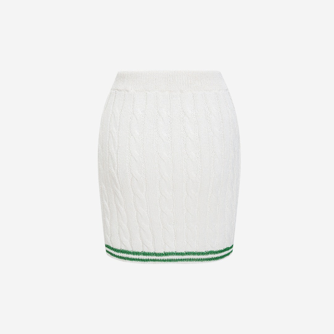 Kabelstickad minikjol med ribbad midja och randig nederkant