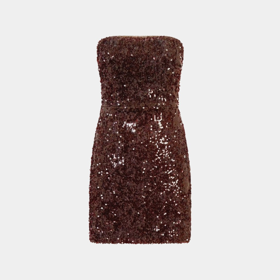 Vinröd paljettklänning i minilängd med axelbandslös design och figursydd silhuett