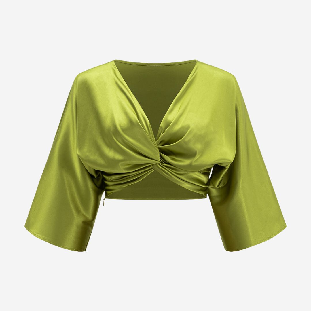 Limegrön kort satintopp med tvinnad front och vida ärmar