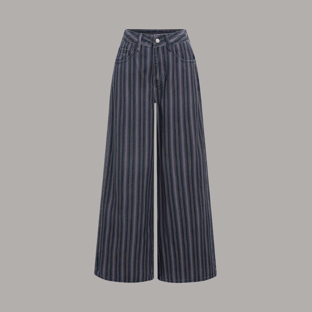 Randiga denim jeans med hög midja och vida ben