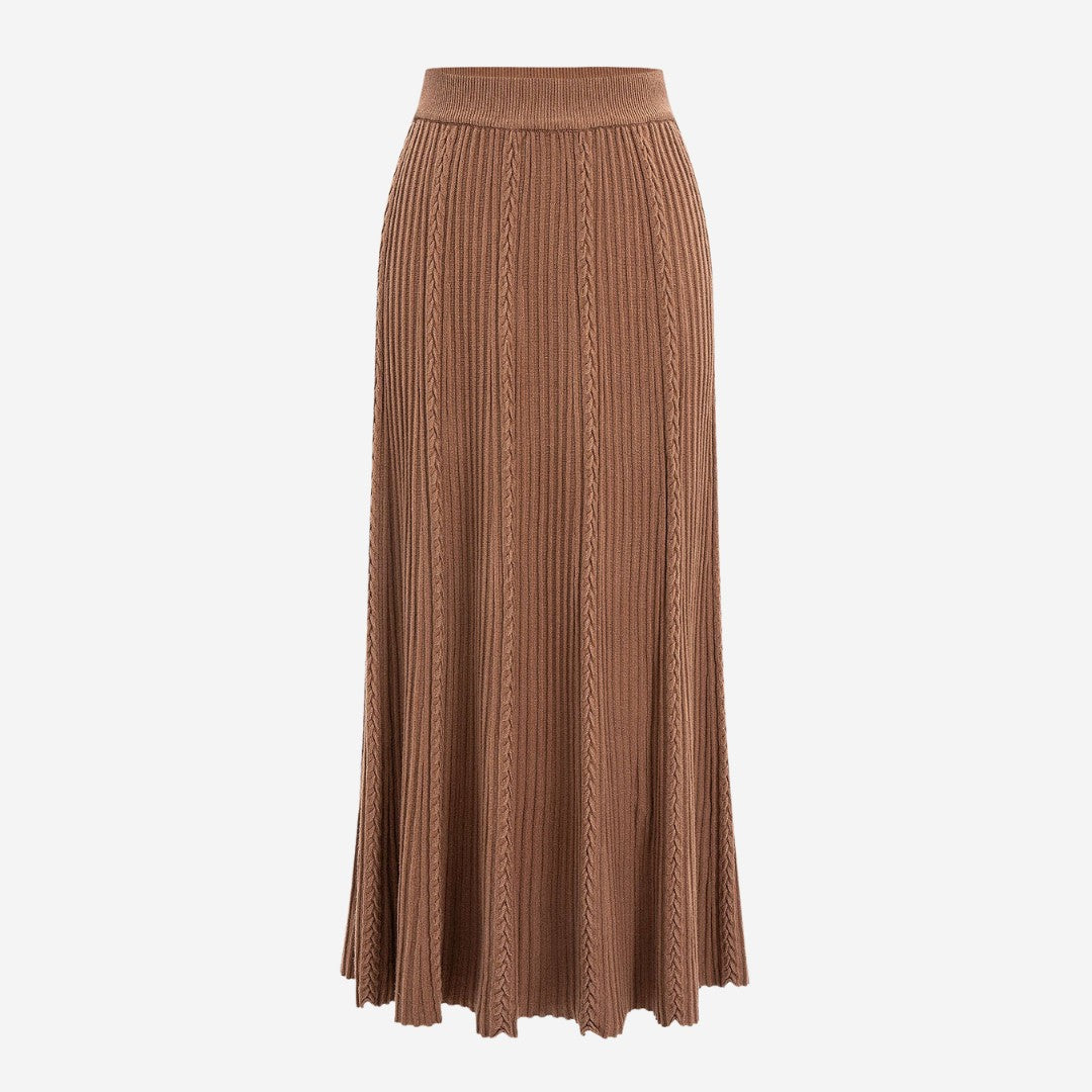 Flätstickad A-linjeformad midikjol i ribbad trikå med låg stretch